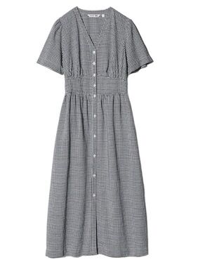 Uniqlo Linen Blend V Neck Short Sleeve Gingham dress size L excellent condition
